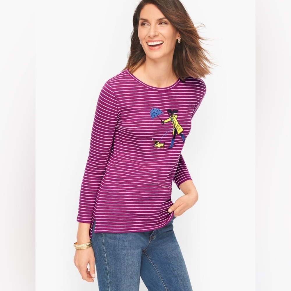 Talbots Purple Crewneck Tee Rainy Day Woman with Dachshund in Raincoat size SP